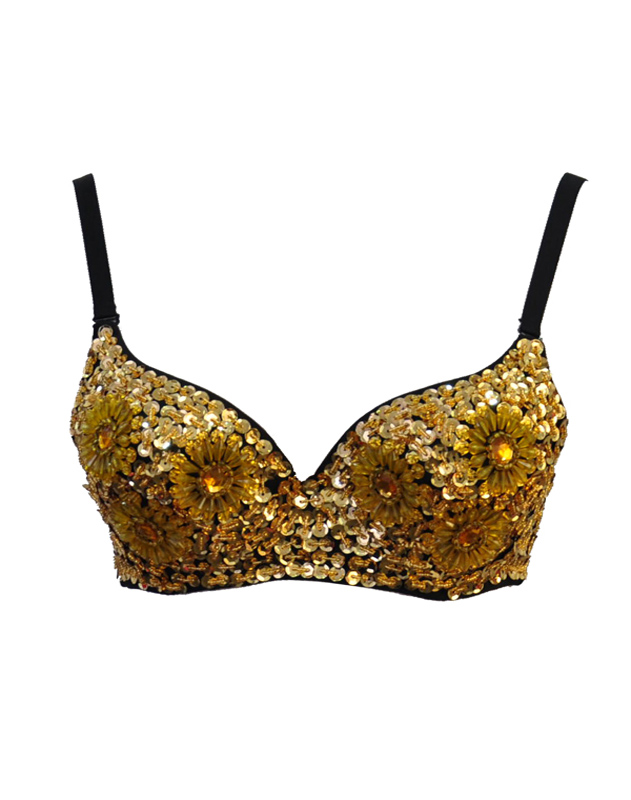 Gold Sequin Bra With Rhinestone Decoration