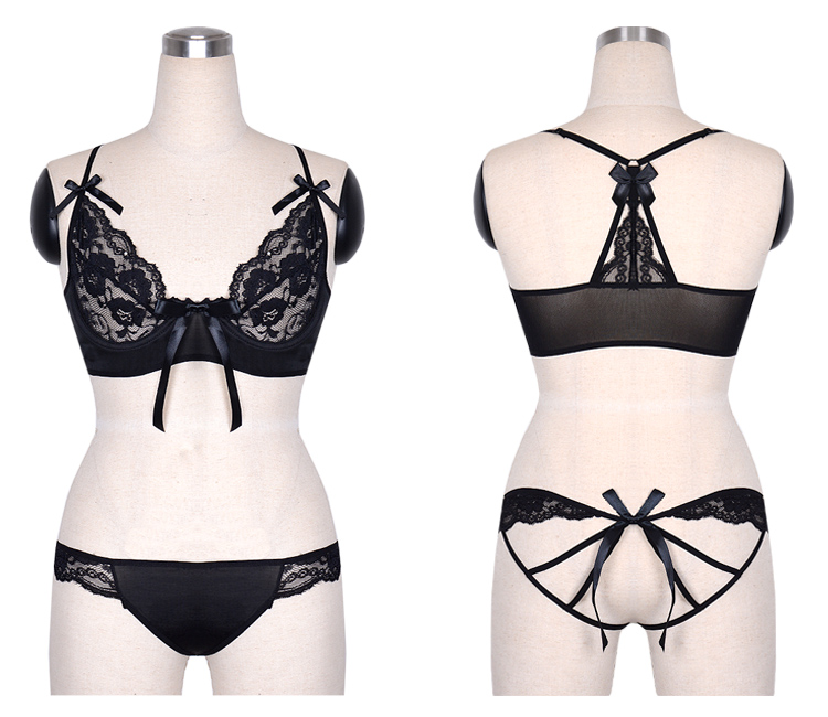 Strappy Lace Bra and Panty Set Black