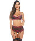 Floral Lace Garter Bra Set Red