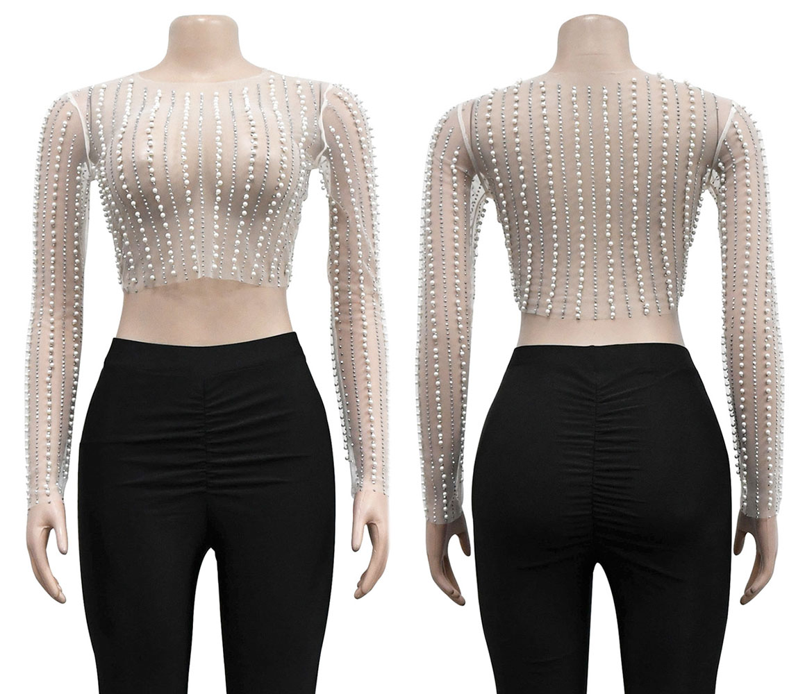 Rhinestone and Pearl Crop Top Apricot