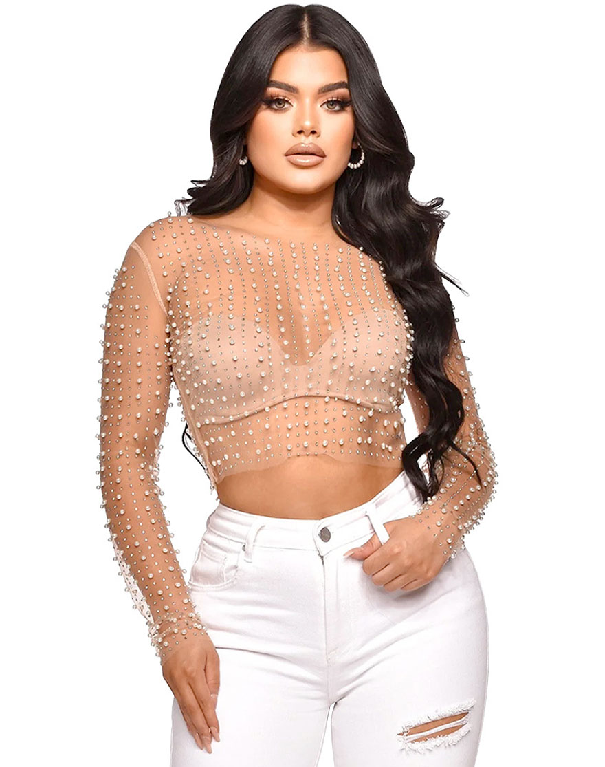 Rhinestone and Pearl Crop Top Apricot