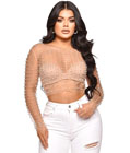 Rhinestone and Pearl Crop Top Apricot