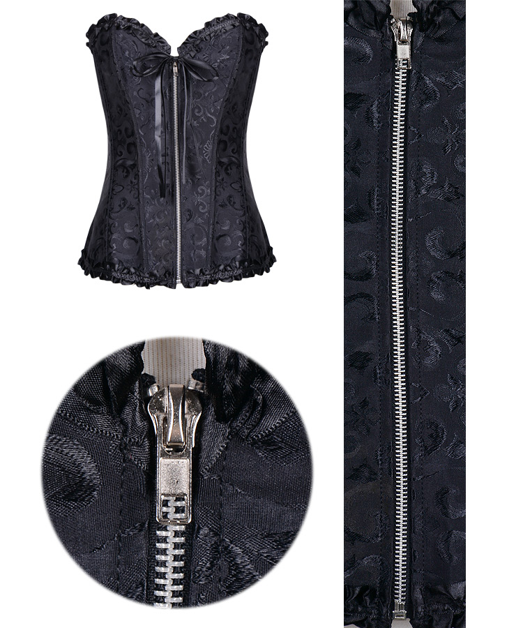 Gothic Brocade Corset Black With Zipper Front