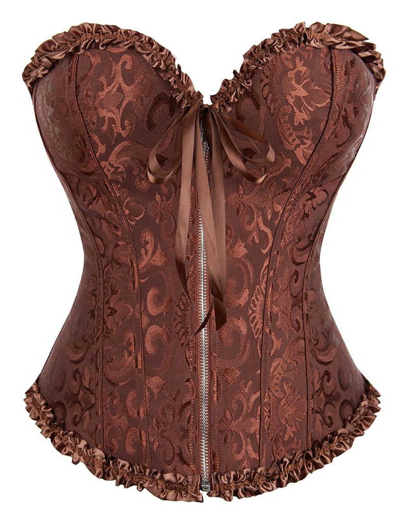 Gothic Brocade Corset Brown with Zipper Front