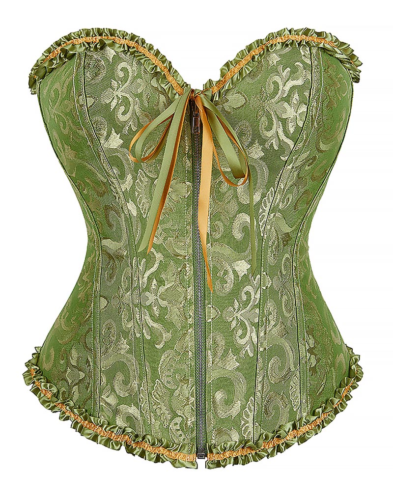 Gothic Brocade Corset Green with Zipper Front