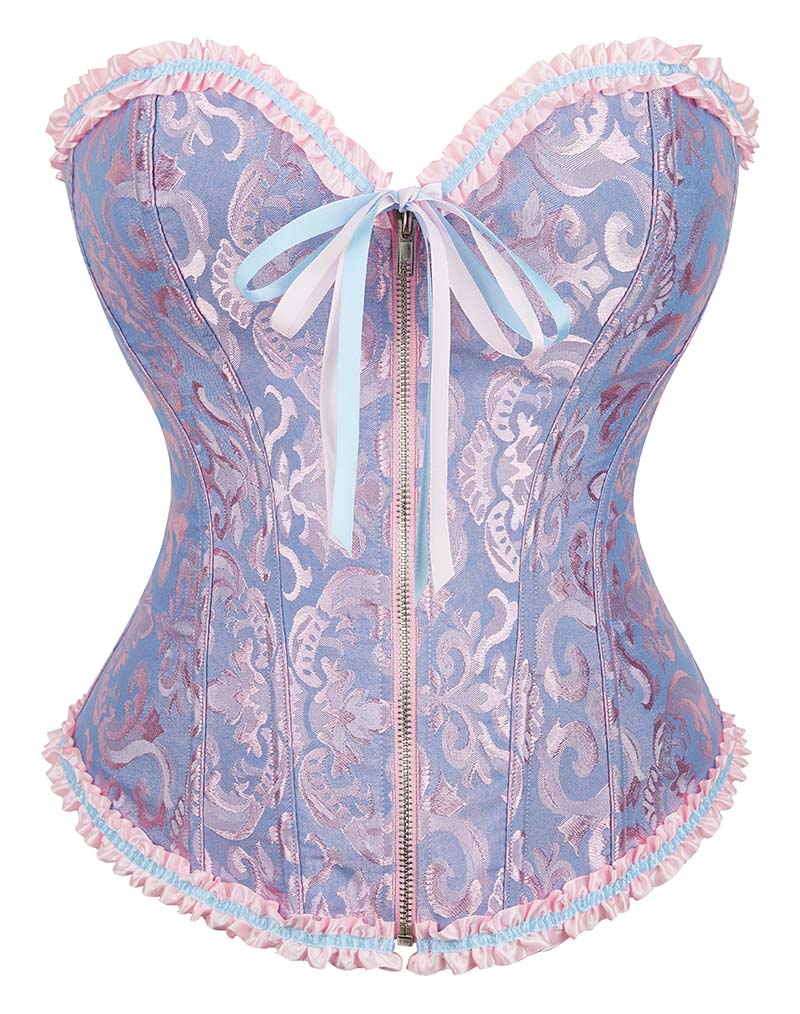 Gothic Brocade Corset Blue with Zipper Front