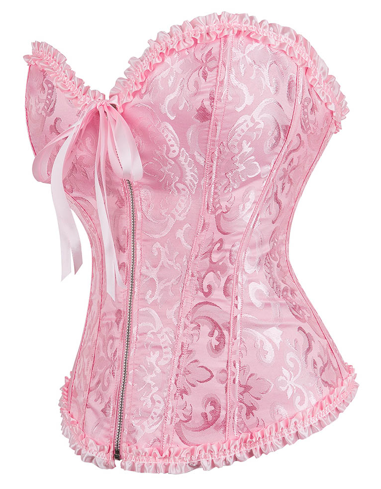 Gothic Brocade Corset Pink with Zipper Front