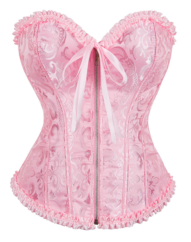 Gothic Brocade Corset Pink with Zipper Front