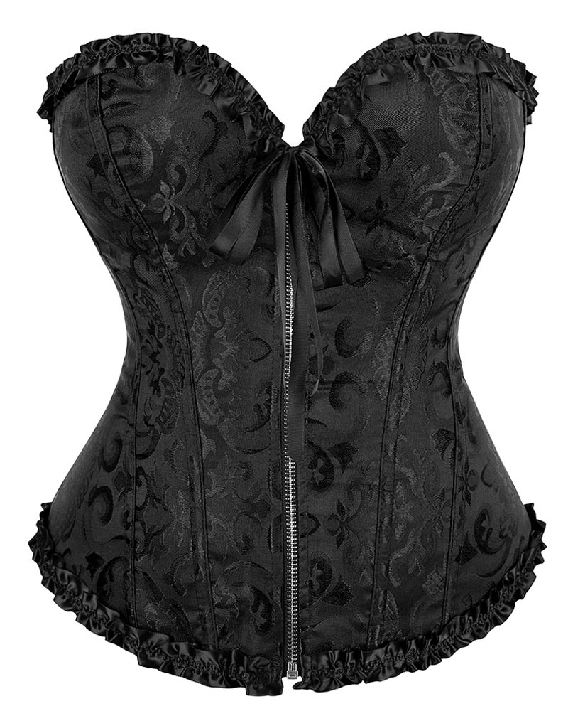 Gothic Brocade Corset Black with Zipper Front
