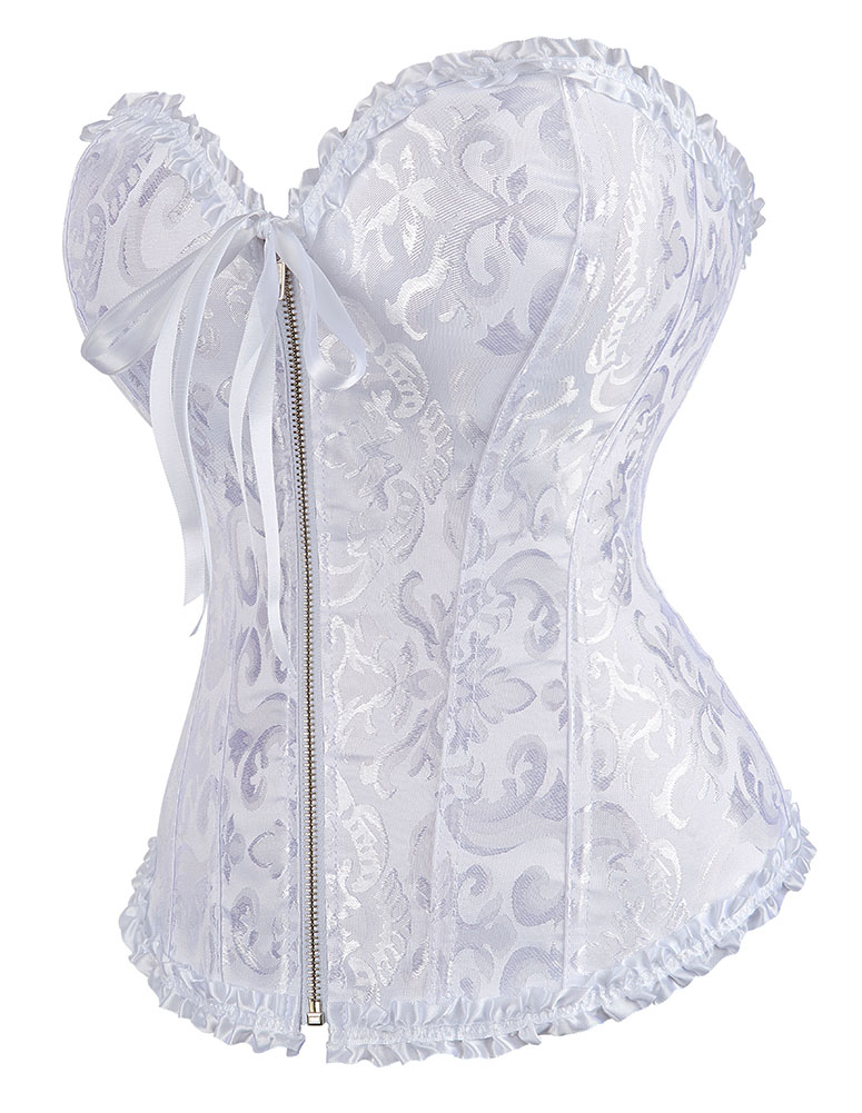 Gothic Brocade Corset White With Zipper Front