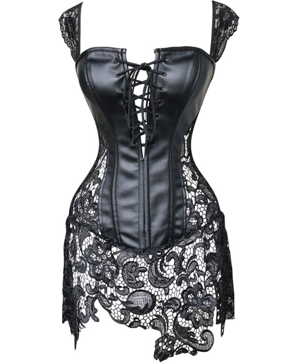 Gothic Leather Corset with Lace Skirt Black