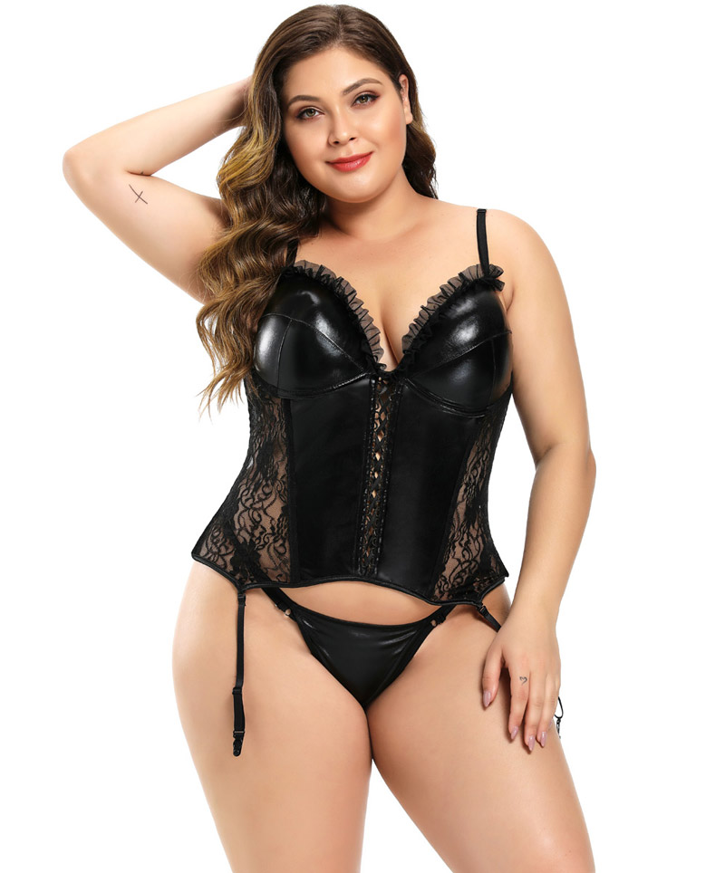 PU Leather Corset with Lace Panel