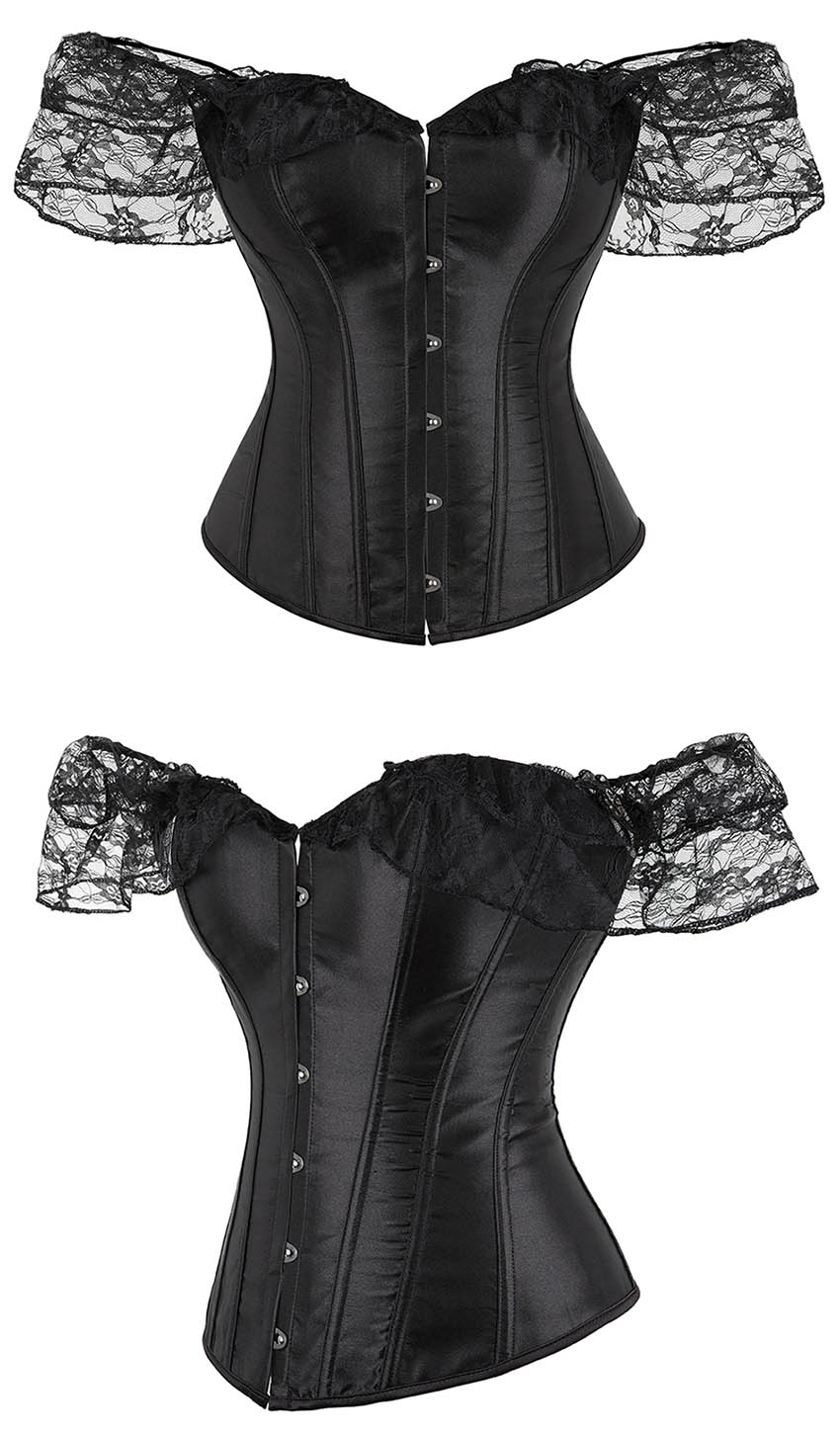 Satin Corset with Puff Sleeves Black