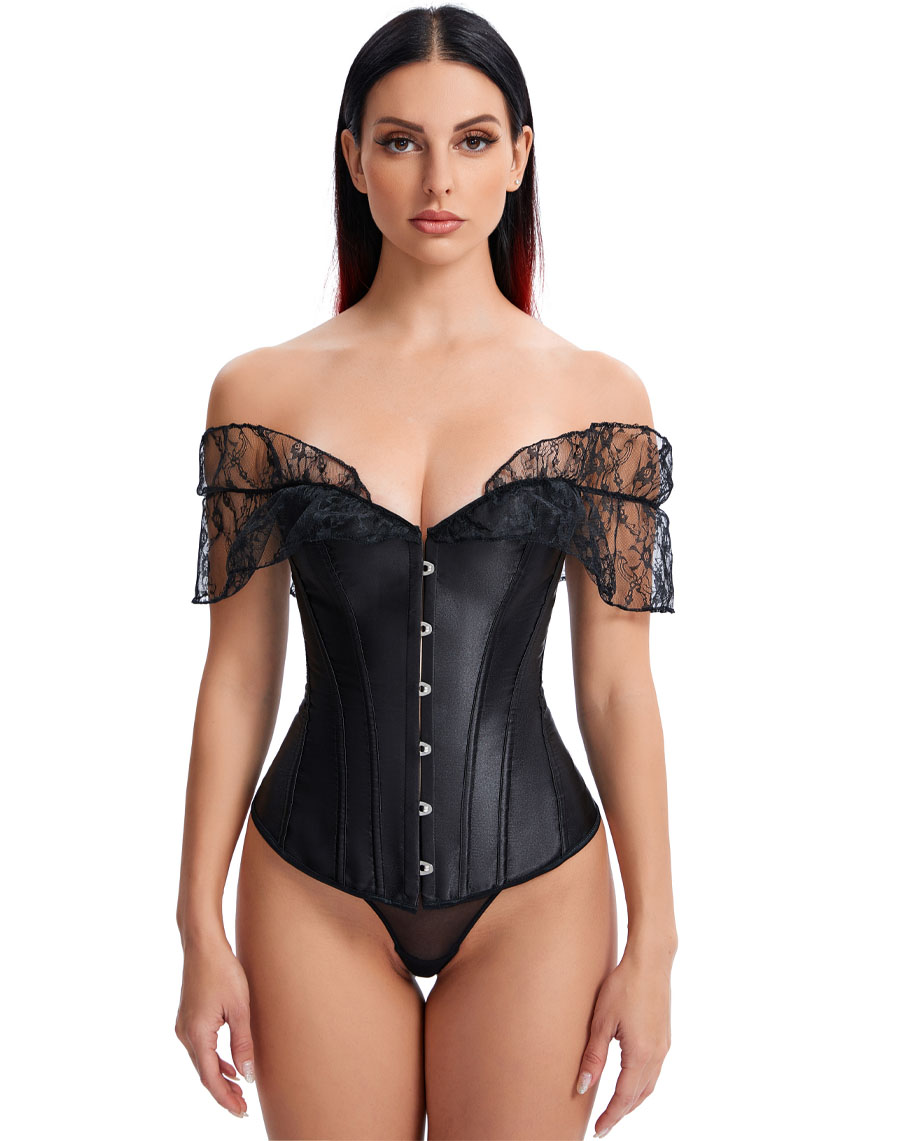 Satin Corset with Puff Sleeves Black