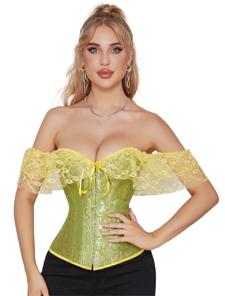 Lace Puff Sleeves Brocade Corset Green