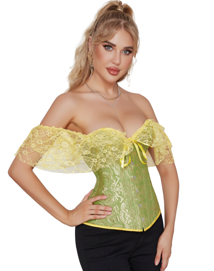 Lace Puff Sleeves Brocade Corset Green
