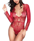 Long Sleeves Eyelash Lace Teddy Red