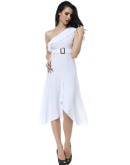 One Shoulder Buckle Gown White