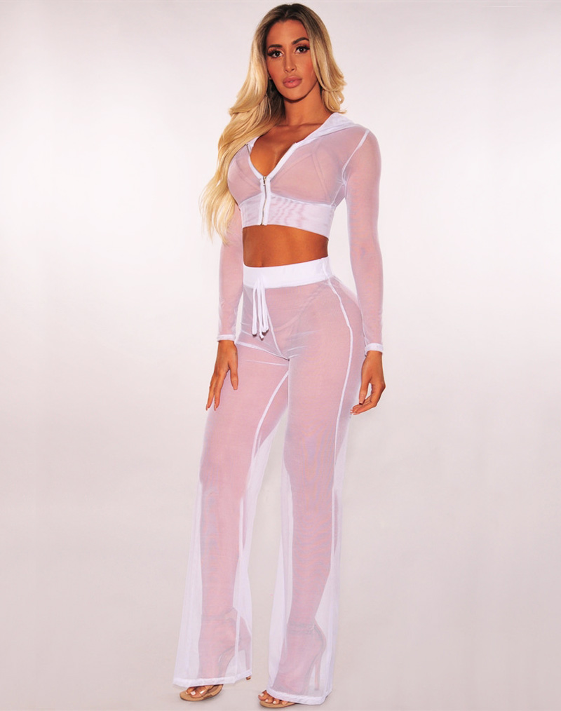 Mesh Hoodie Cover Up Two Piece Set White