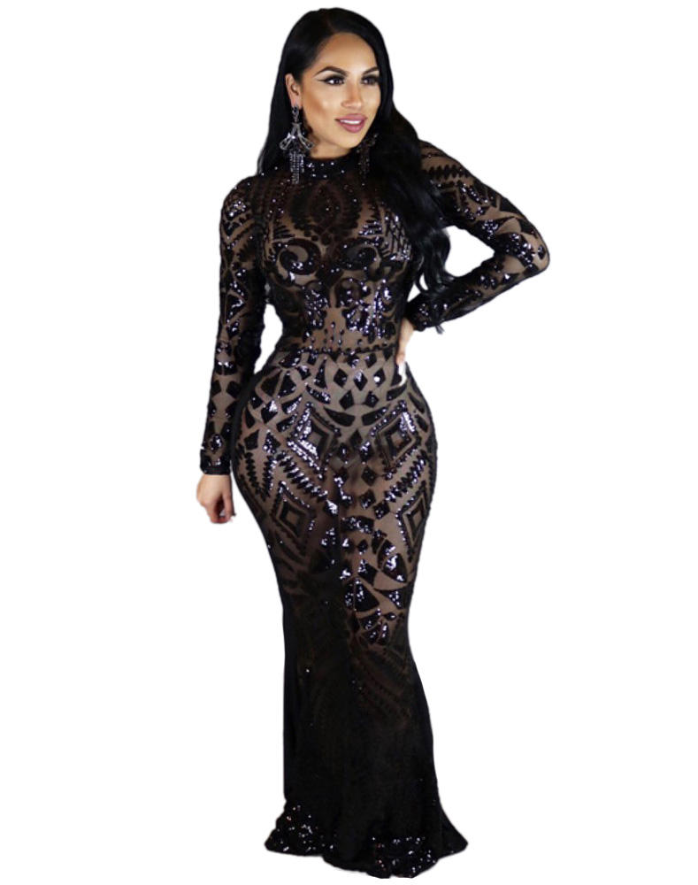 Maxi Long Sequin Dress Black