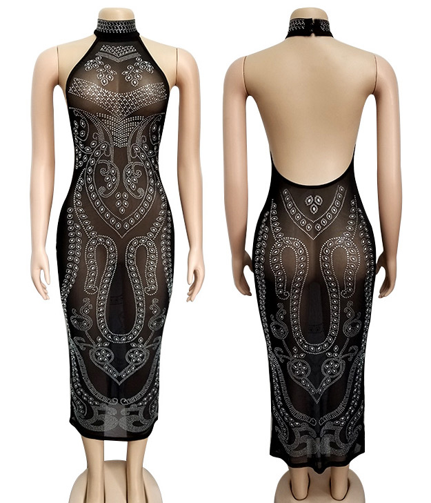 Mesh Rhinestone Long Dress