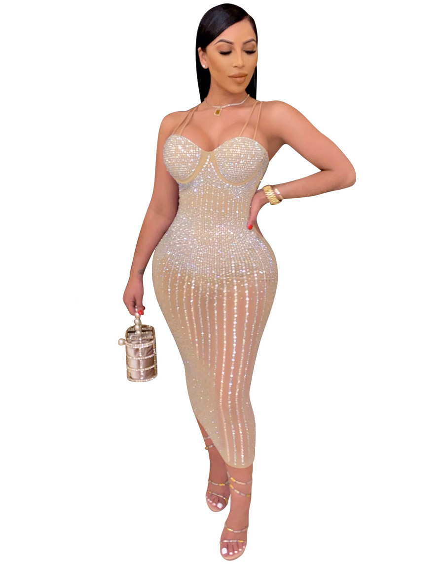 Starlight Mesh Rhinestone Gown Apricot