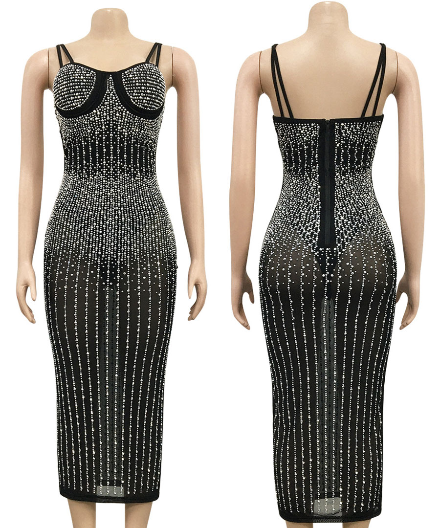 Starlight Mesh Rhinestone Gown Black