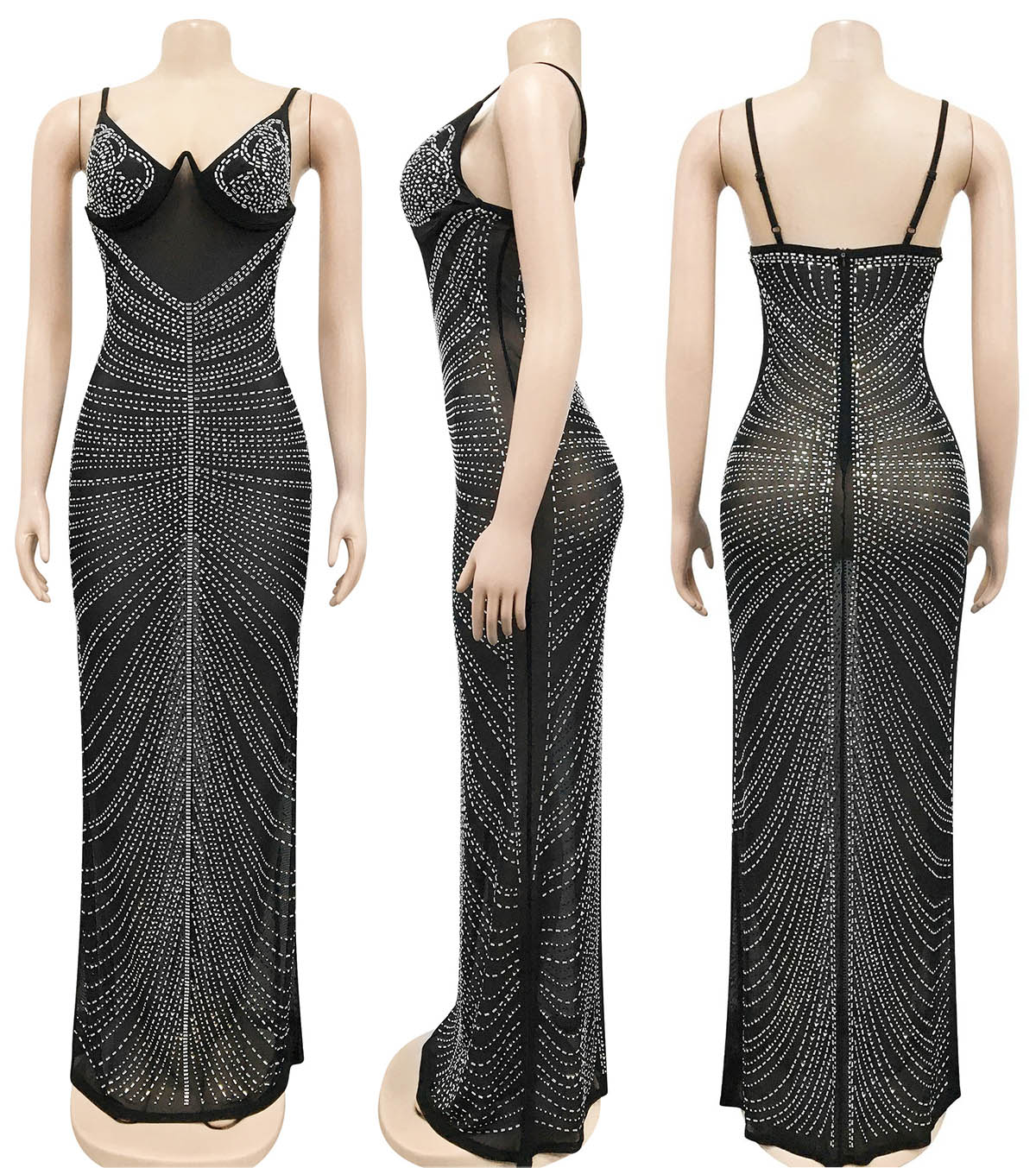 Maxi Long Rhinestone Gown Black