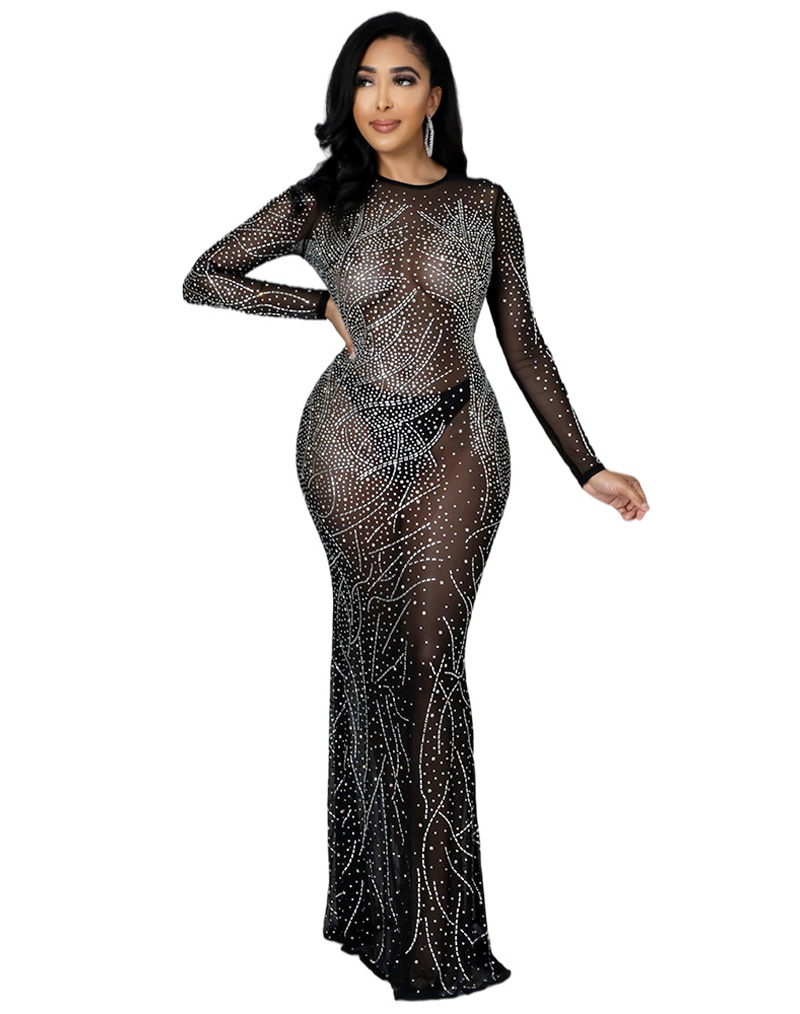 Mesh and Rhinestone Maxi Long Dress