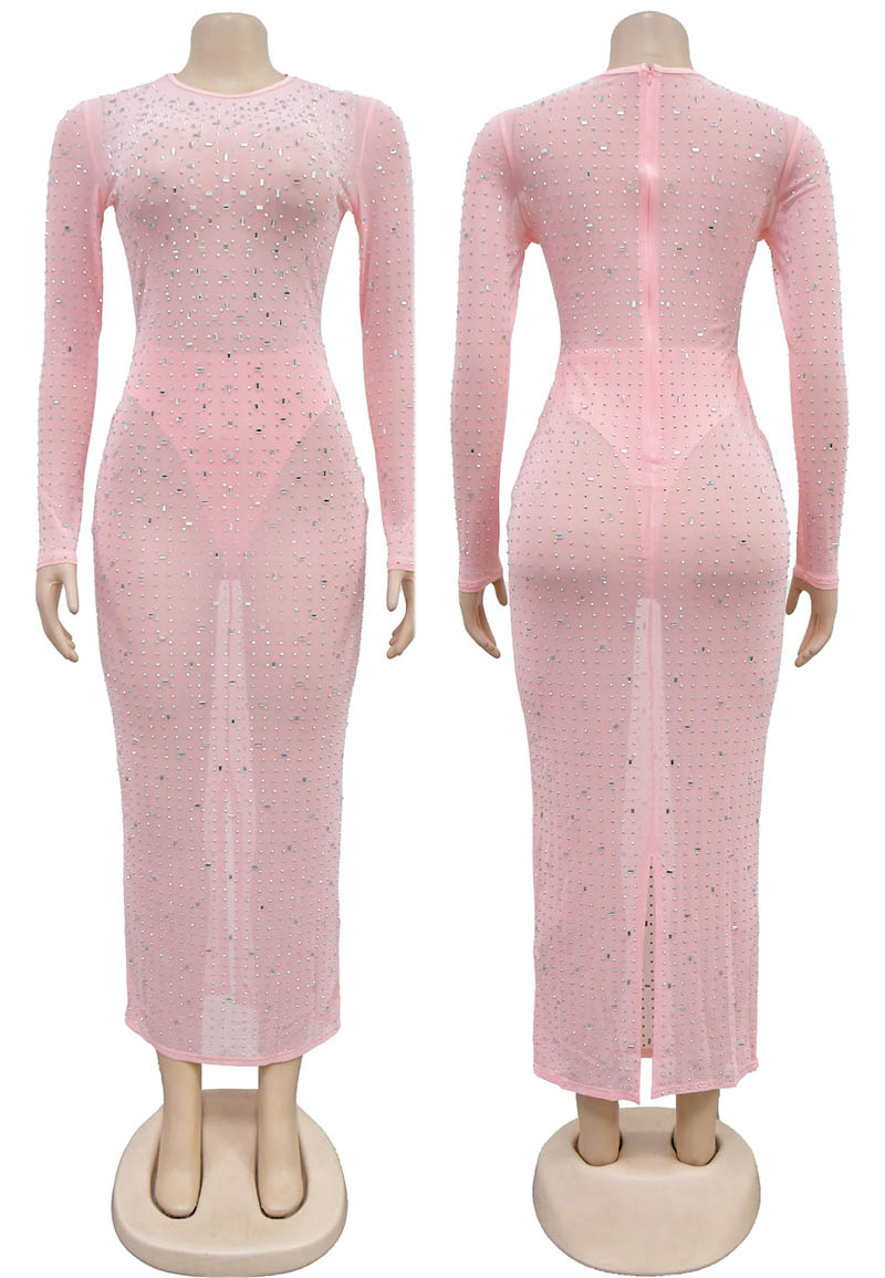 Full Length Rhinestone Evening Dress Pink