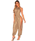 Metallic Slit Leg Jumpsuit Gold