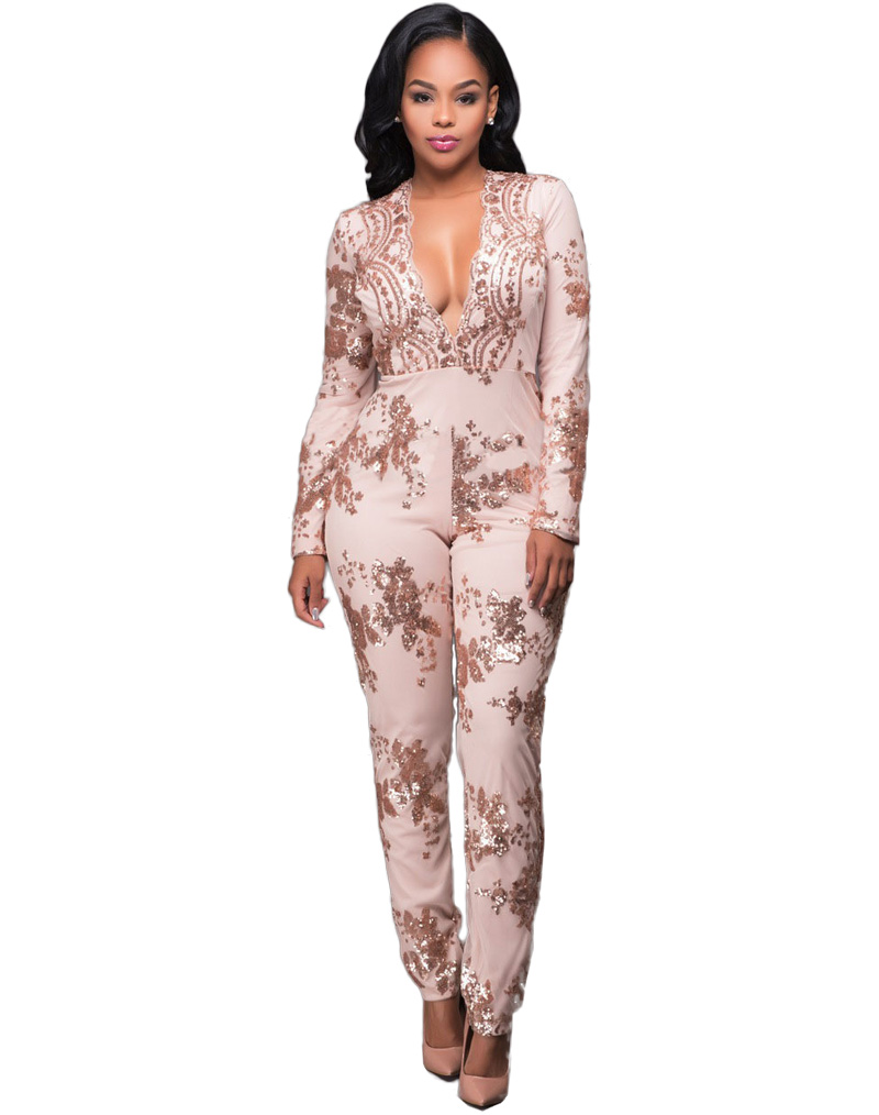 Sequins Decoration Deep V-neck Jumpsuit