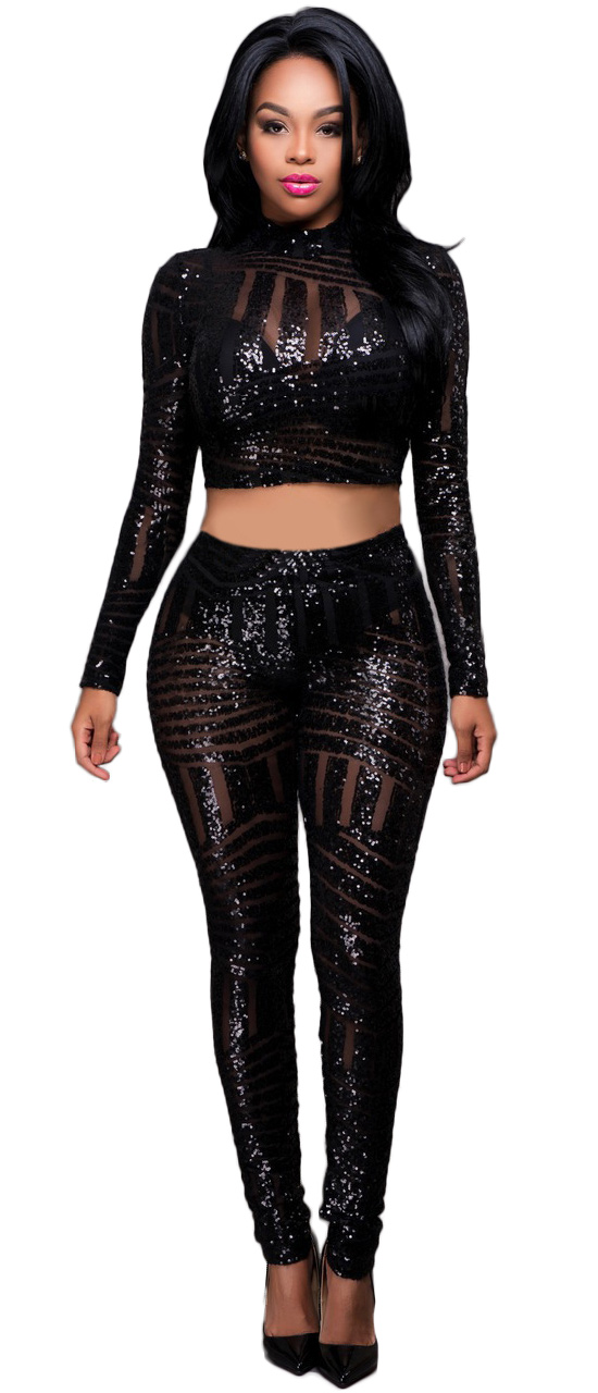 Sequins Crop Top Bodysuit Black