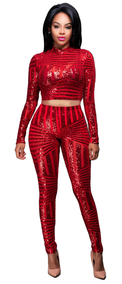 Sequins Crop Top Bodysuit Red