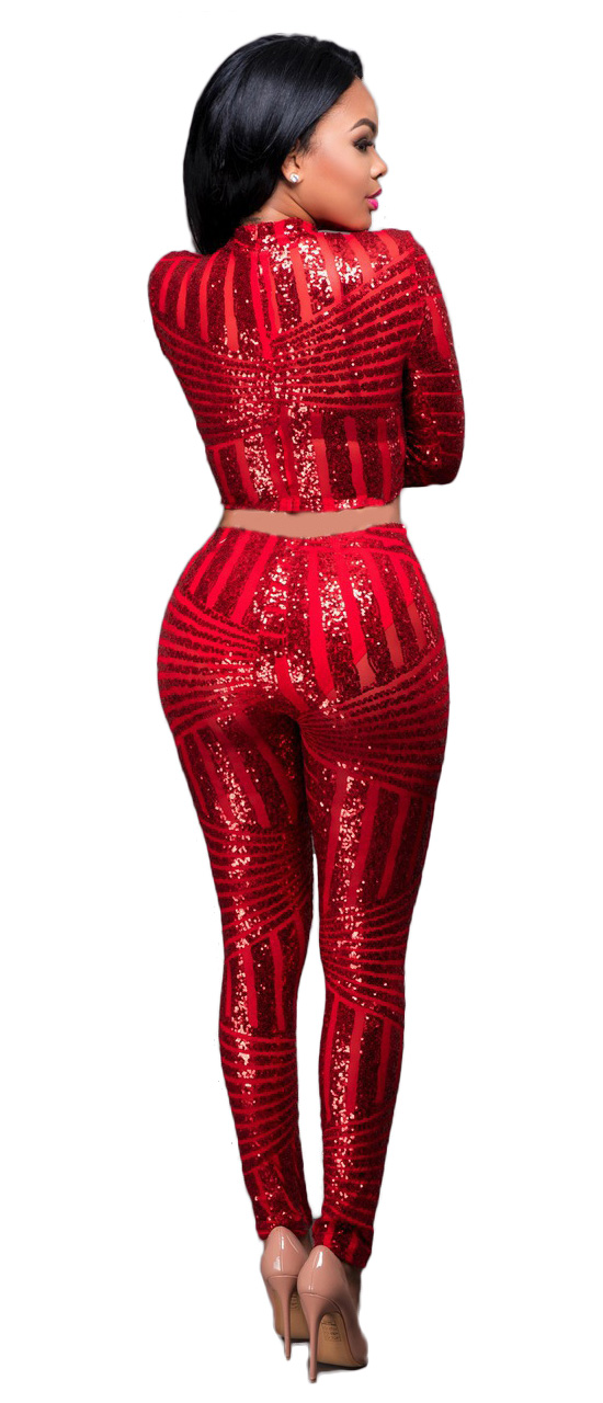 Sequins Crop Top Bodysuit Red