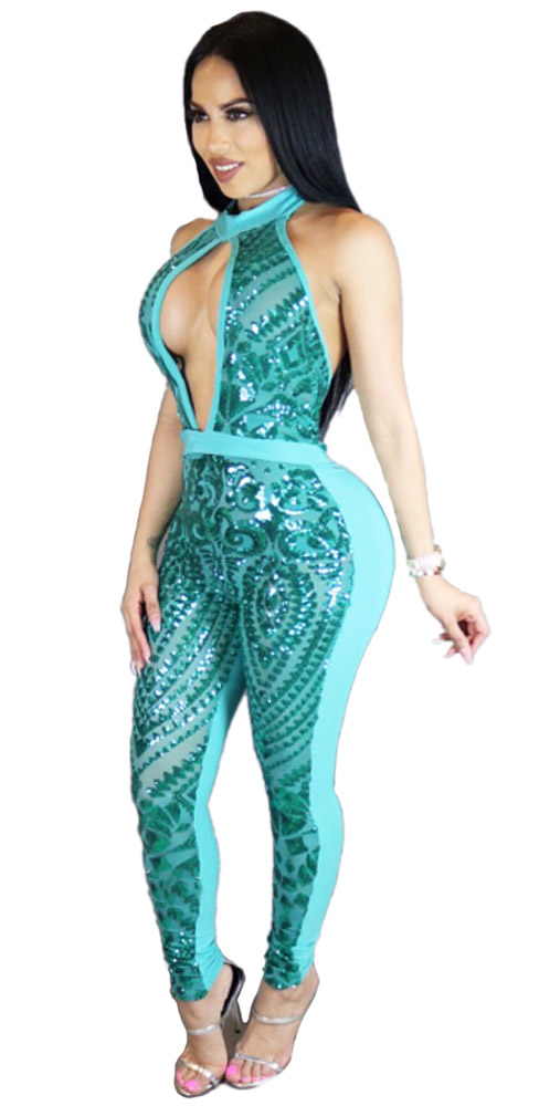 Sexy Sequined Bodycon Jumpsuit Blue