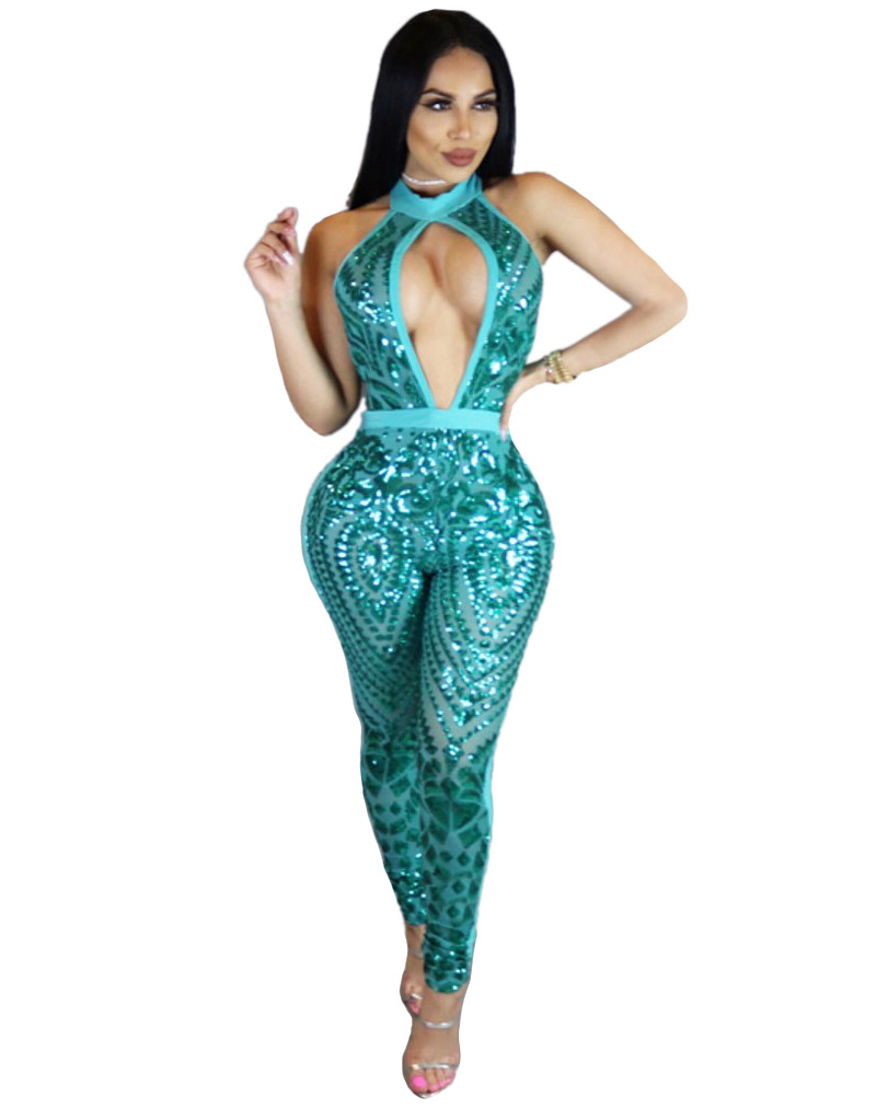 Sexy Sequined Bodycon Jumpsuit Blue