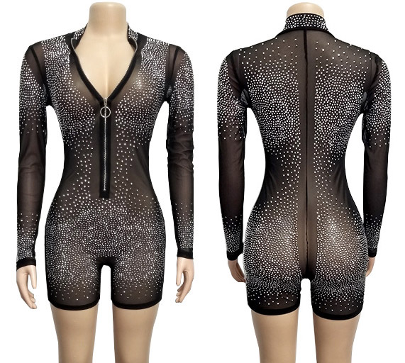 Mesh Rhinestone Long Sleeves Jumpsuit