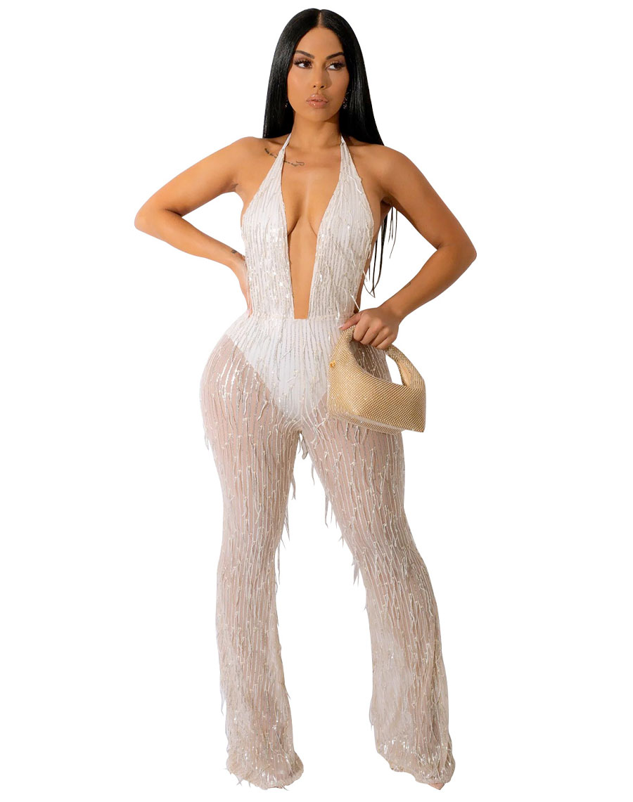 Tassel Sequins Jumpsuit White