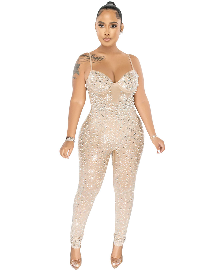 Sexy Rhinestone Jumpsuit Apricot