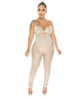 Sexy Rhinestone Jumpsuit Apricot