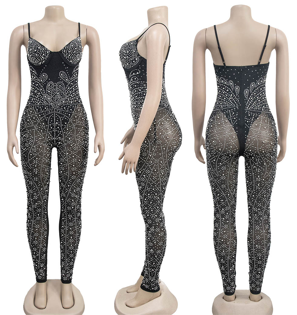 Sexy Rhinestone Jumpsuit Black