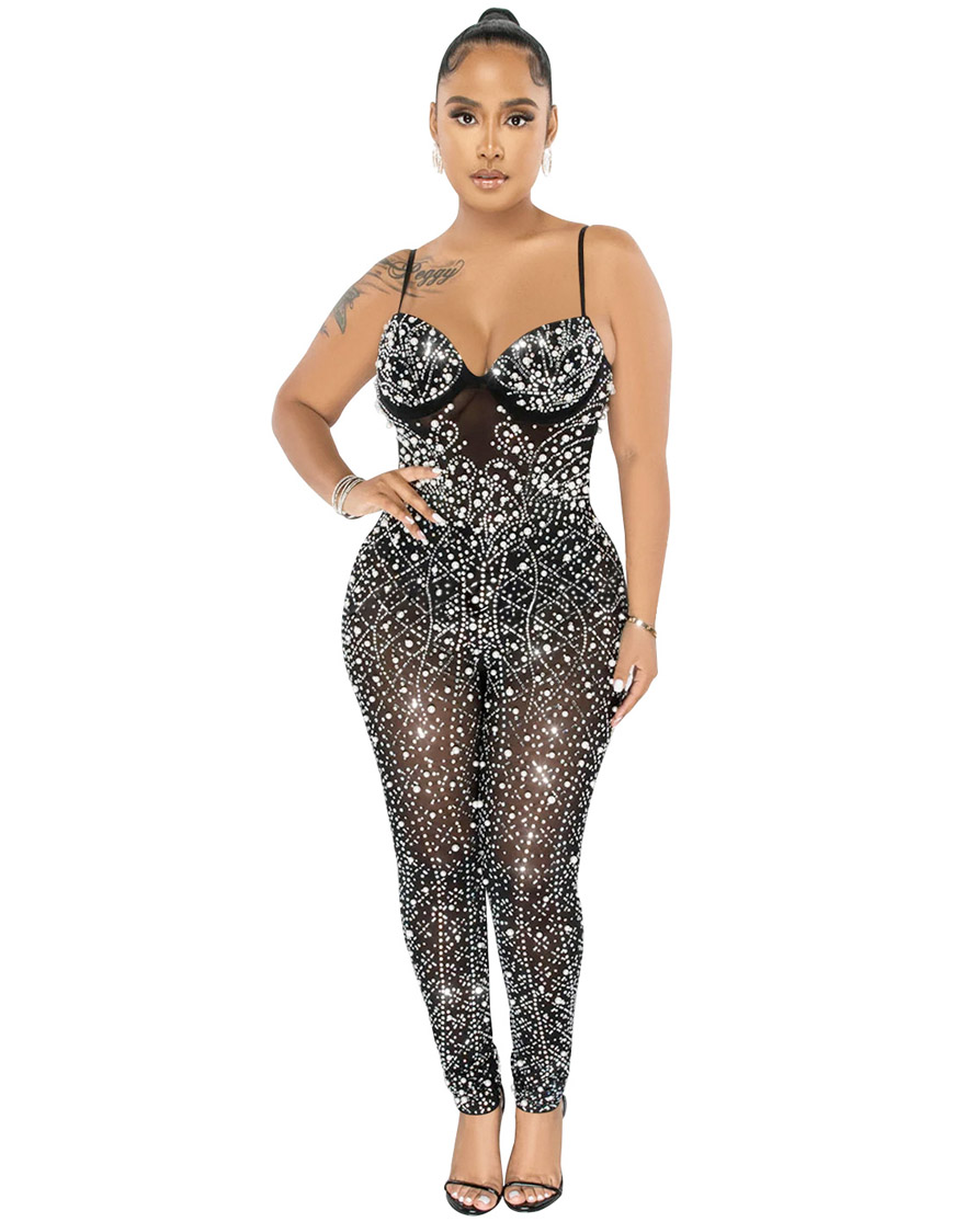 Sexy Rhinestone Jumpsuit Black