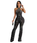 Halter Top Rhinestone Jumpsuit Black