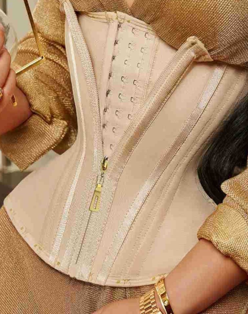 Zipper Buckles Latex Corset Apricot