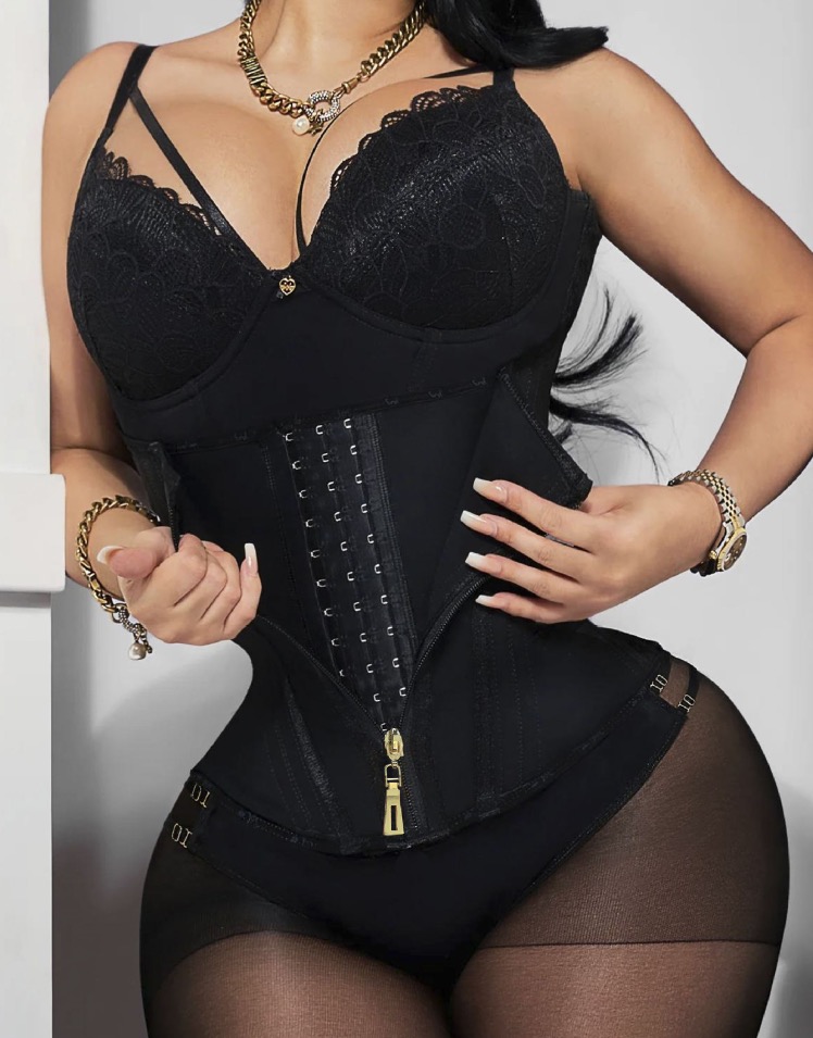 Zipper Buckles Latex Corset Black