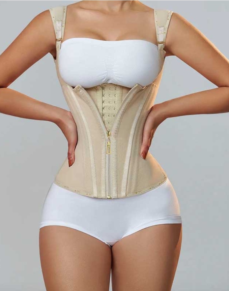 Zipper Buckles Latex Shapewear Apricot