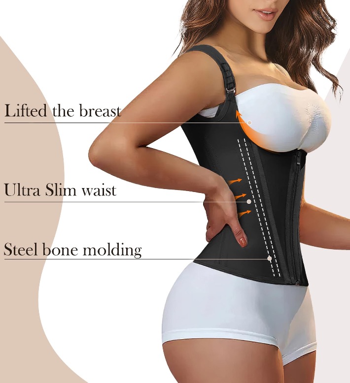 Zipper Buckles Latex Shapewear Black