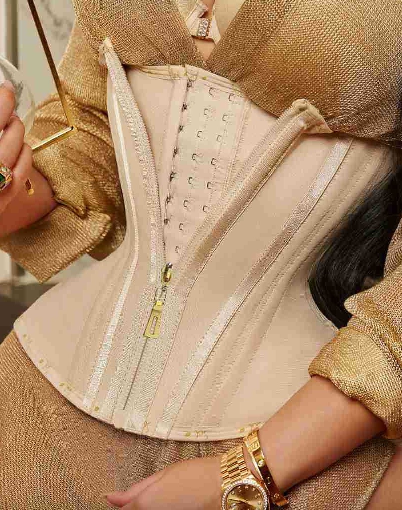 Zipper Buckles Mesh Corset Apricot