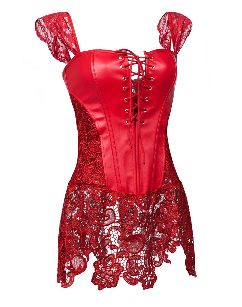 Faux Leather Shoulder Strap Corset with Lace Skirt